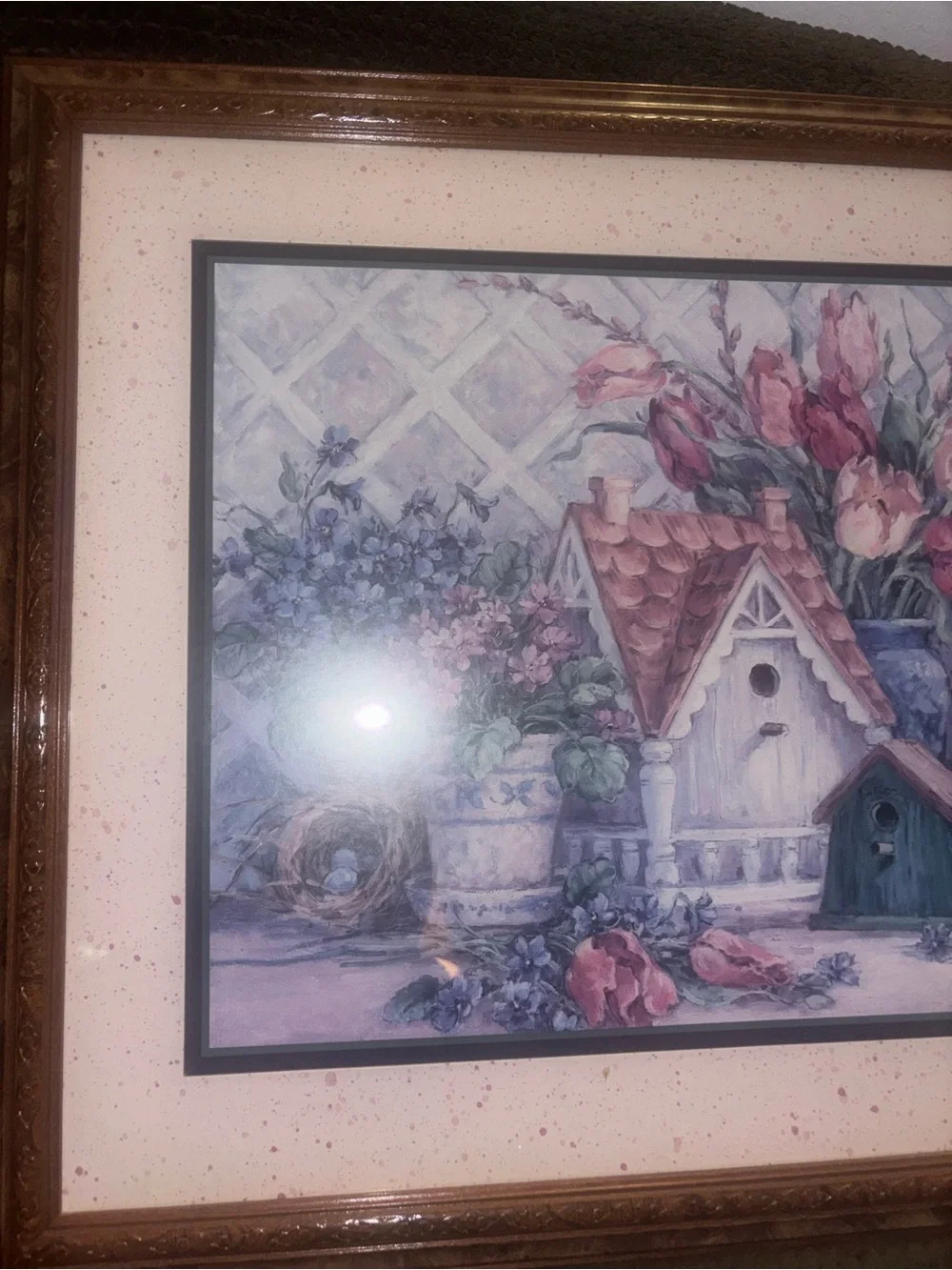 Vintage Floral Print titled Birdhouse Blessings By Barbara Mock